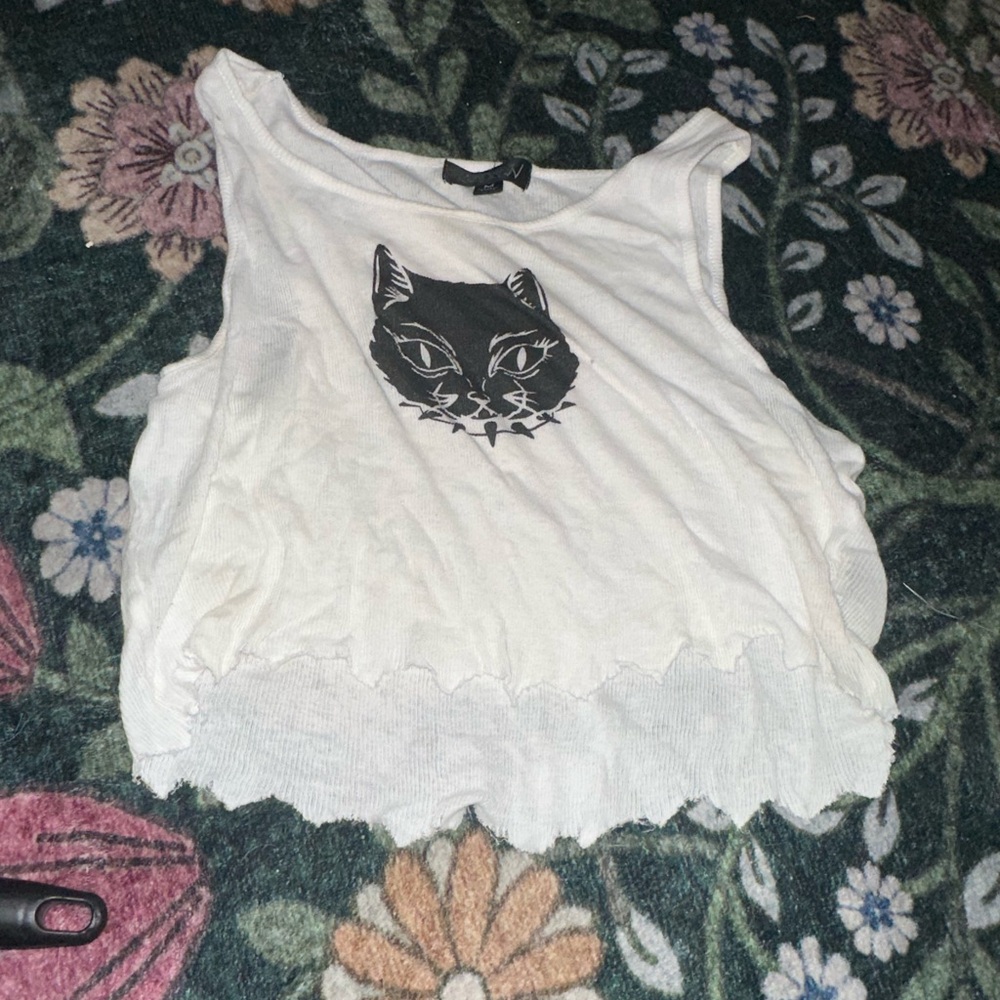 White Tank Top with Black Cat Print dolls kill cropped M